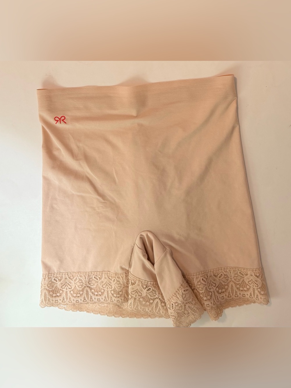Ruby Ribbon Shaping Bottoms Slip Shorts Lace Trim Beige Nude - Size Large